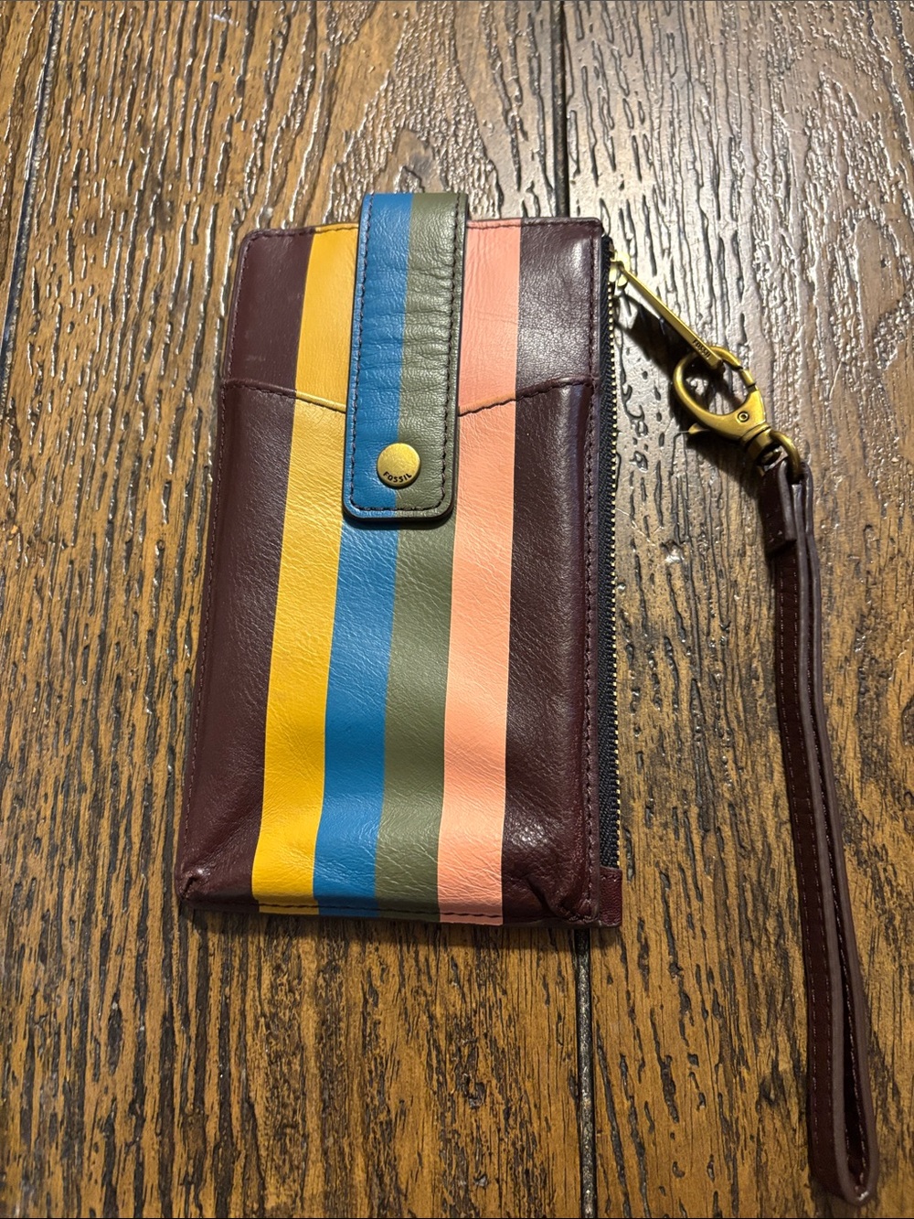 Fossil Burgundy Leather Wristlet Clutch with Yellow, Blue, Green & Pink Stripes
